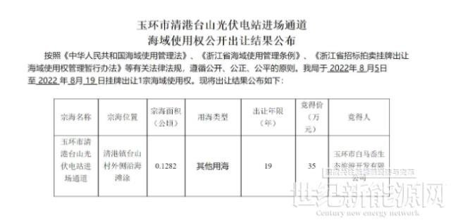 使用年限19年 华能以35万元竟得浙江某海域使用权