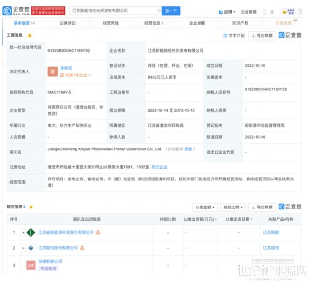 江苏新能、江苏国信等成立光伏发电公司，注册资本超8000万